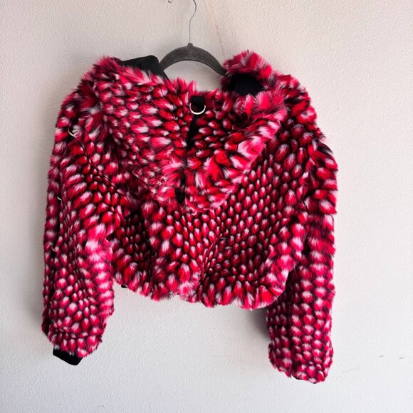 Faux Fur Jacket – Red/Black Pattern, Size S - Picture 2 of 10